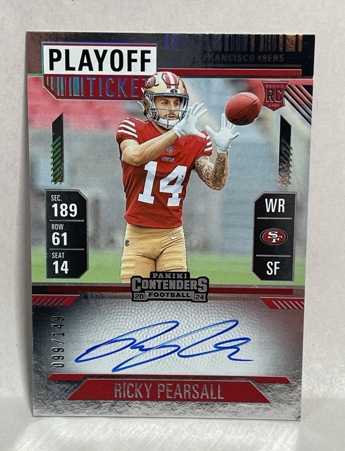 2024 Panini Contenders Football #109 Ricky Pearsall Playoff Ticket Auto RC /149