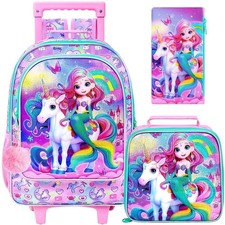gxtvo Girls Rolling Backpack, Cute Mermaid Roller Wheels Kids Bookbag - Wheel...