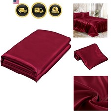 Silky Satin Flat Sheet Queen Burgundy Soft Bed Top Sheet Luxury Bedding