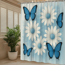 Blue Butterfly Flower Shower Curtain for Bathroom Decor