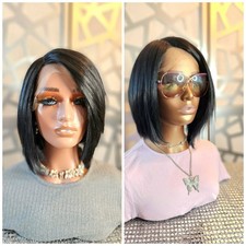 Short Black Wig Straight Wig Lace Front Human Hair Blend Jet Black Wig Glueless