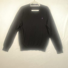 Polo Ralph Lauren Black Merino Wool V Neck Sweater Men  s M Purple Pony Logo