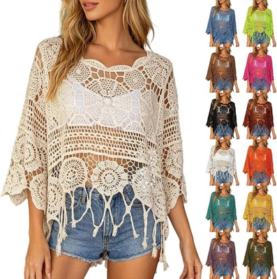 #ad Women#x27;s Plain Fringe Trim Cut Out Sheer Cover Up Boho Scallop Trim Sarong $28.99