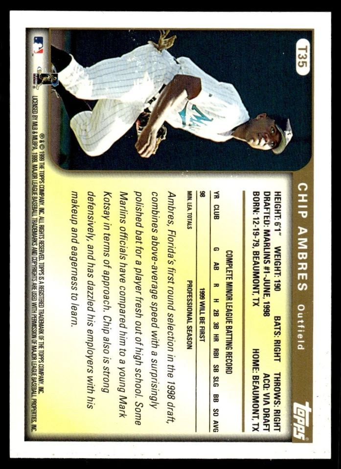 1999 Topps Traded Rookies Chip Ambres Florida Marlins #T35 - Image 2 of 2