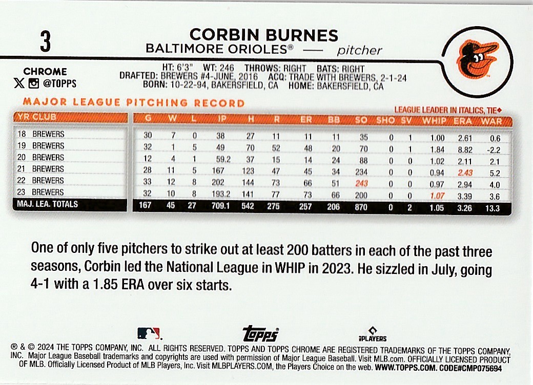 2024 Topps Chrome #3 Corbin Burnes