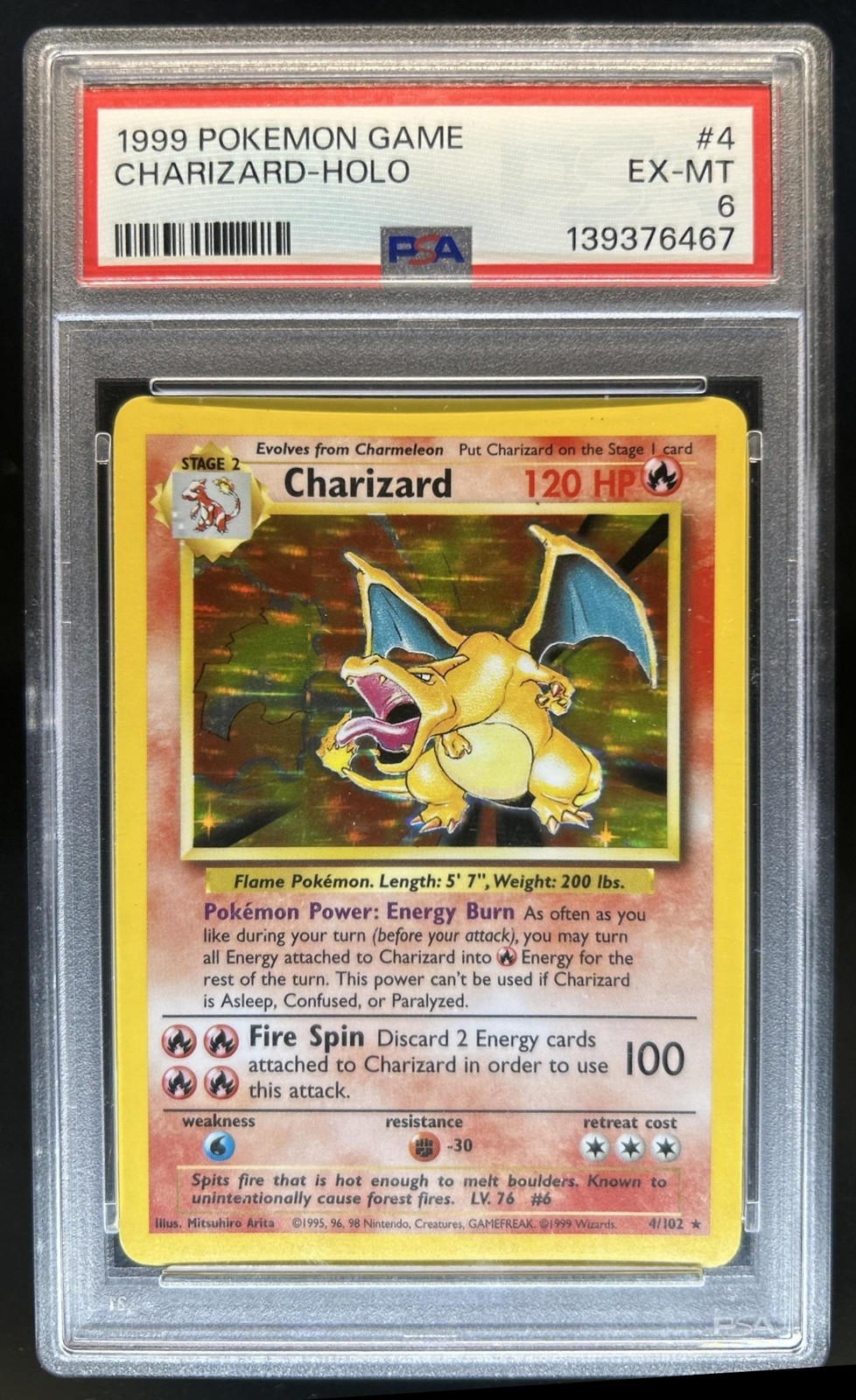 1999 Pokemon Unlimited Charizard Rare Holo #4/102 PSA 6