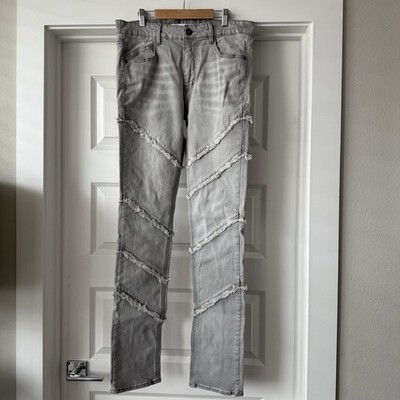 KDNK Men's Gray Distressed Slim Straight Denim Jeans Regular Size 34
