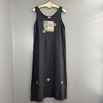 Vtg Elyse California Charcoal Linen Patchwork Maxi Dress S Whimsical Boho Indie