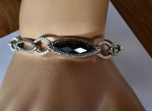Vintage Sterling Silber 925 schwarzer Onyx Markasiten Armband gepunzt - Bild 3 von 6