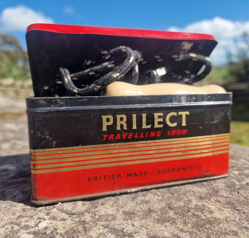 Vintage Mid Century Prilect Travelling Iron Original Tin Box British Made Retro