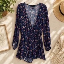 American Eagle Floral Wrap Romper Dress Small Blue Boho Long Sleeve