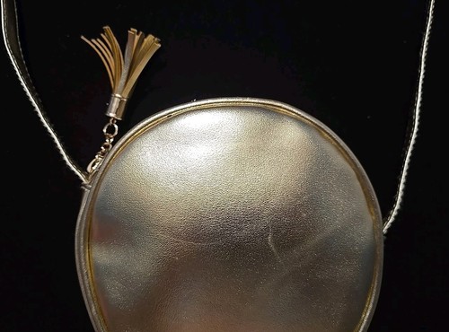 Borsa a tracolla rotonda dorata borsetta circolare accenti oro novità borsetta 6" diam. - Foto 3 di 7