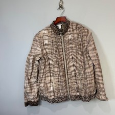Chicos Reversible Lightweight Bomber Jacket Animal Print Leopard Pleated Size 1