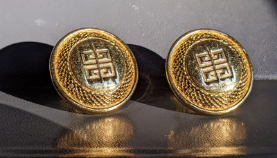 Vintage GIVENCHY Gold Tone 4G Logo Button Clip On Earrings Round 1980s 