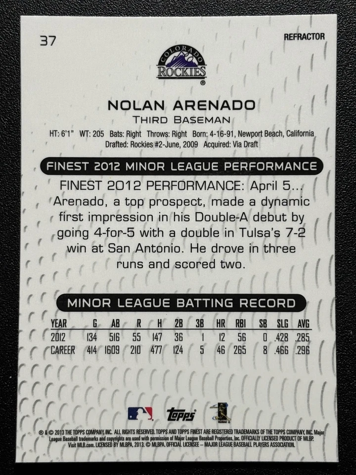 2013 Finest Refractors #37 Nolan Arenado RC Colorado Rockies - Image 2 of 2