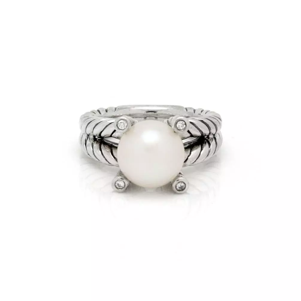 David Yurman Pearl Ring Diamond Sterling Silver Split Shank