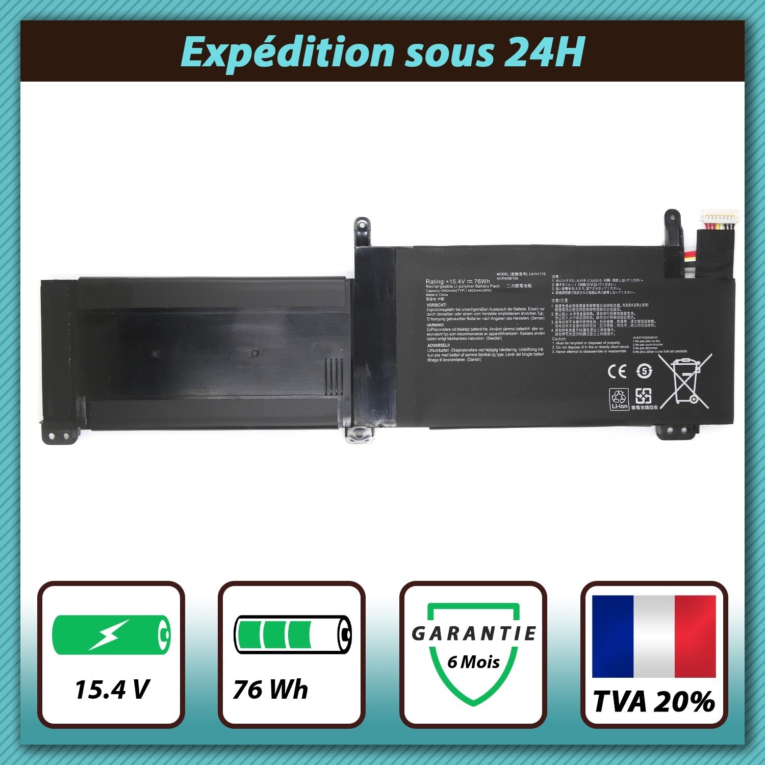 Batterie C41N1716 pour PC portable Asus 15.4V 76Wh haute performance