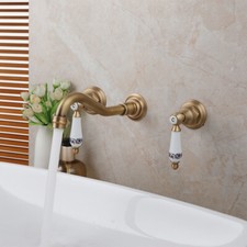 Antique Brass Bathroom Faucet 3PCS Double Handles Mixer Wall Mounted Vanity Taps