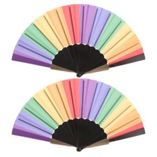 2pcs Folding Fan Plastic Frame Cloth Hand Fan Festival Party Fan Rainbow Style
