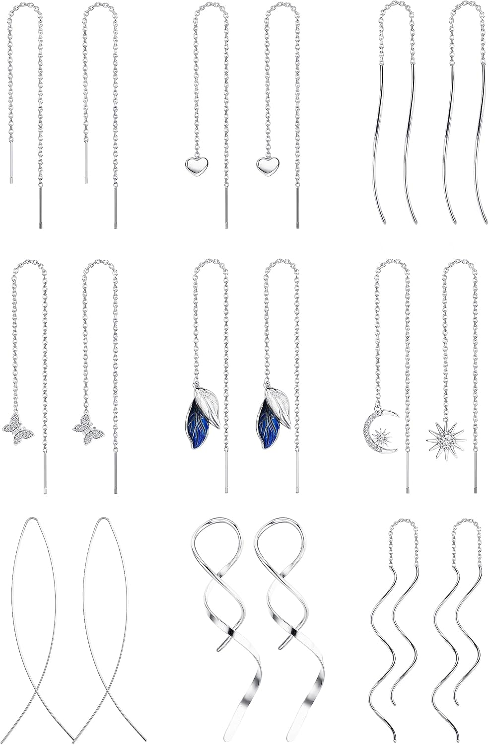 9 Pairs Threader Earrings for Women Stainless Steel Tassel Lightweight Chain Dangle Studs