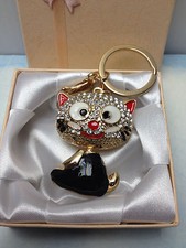 CAT KITTEN KITTY BLACK KEYCHAIN CHARM PENDANT GOLD w/ SPARKLING WHITE STONES new