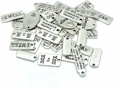 10 Quote Charms Antique Silver Tone Word Pendants Inspirational Tags Assorted 