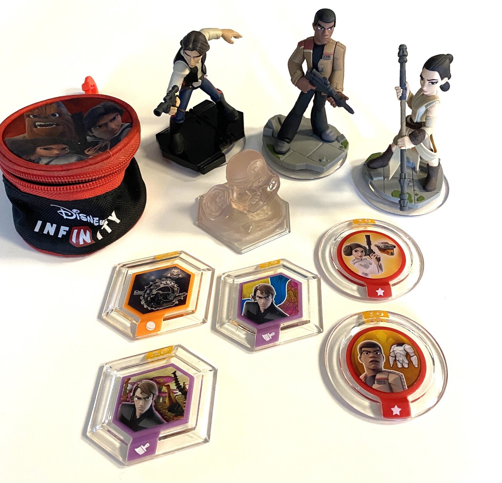 Disney Infinity Lot Star Wars Finn, Han Solo, Rey, Crystal + 5 disks