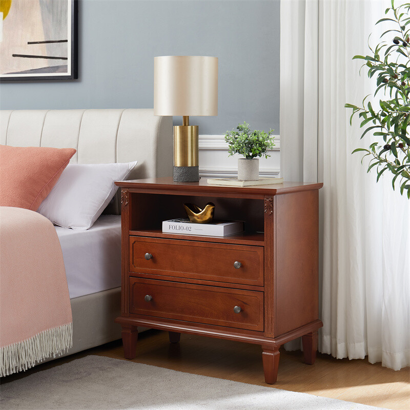 Walnut Nightstand with Charging Station Bedroom End Table with Storage Drawers