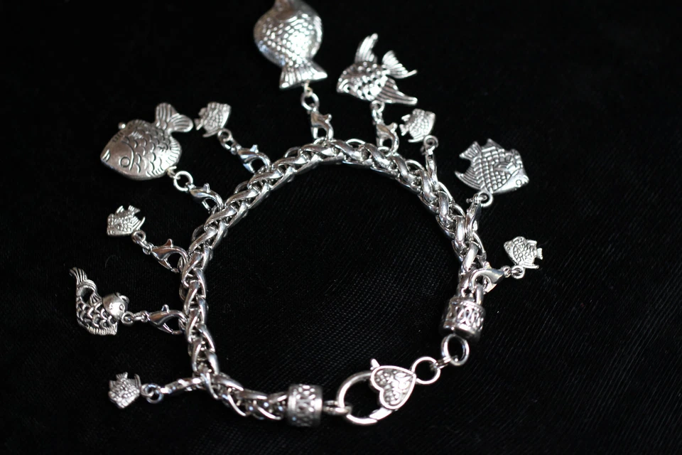 Pulsera Temática Pez Dijes Plata Peltre 8" Intercambiable Pesca Regalo Foto 4 de 4