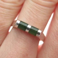 925 Sterling Silver Vintage Real Jade Modernist Bar Ring Size 7