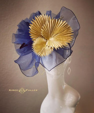 Aimee Fuller Kentucky Derby Fascinator Hat Navy Blue Gold Palm Leaf Del Mar Hat