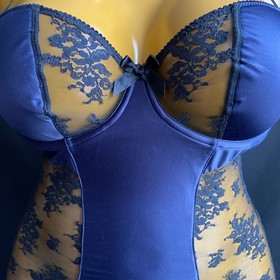 Ann Summers Zip Fastening Cami Suspender, Dark Blue Satin, Mesh & Lace, UK 16