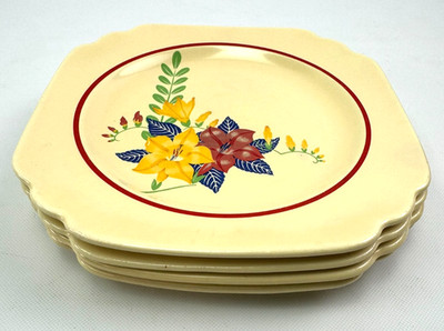 4 VTG RARE Homer Laughlin Century Red Band Flower Salad Bread 6'' Plates HTF VG