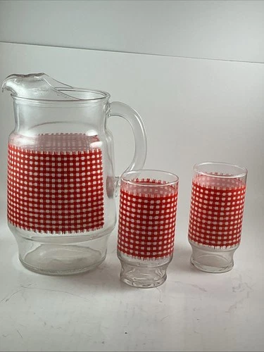 Vintage Anchor Hocking Red Gingham Pitcher 10” tall W/Ice Lip & 2-12 Oz Glasses