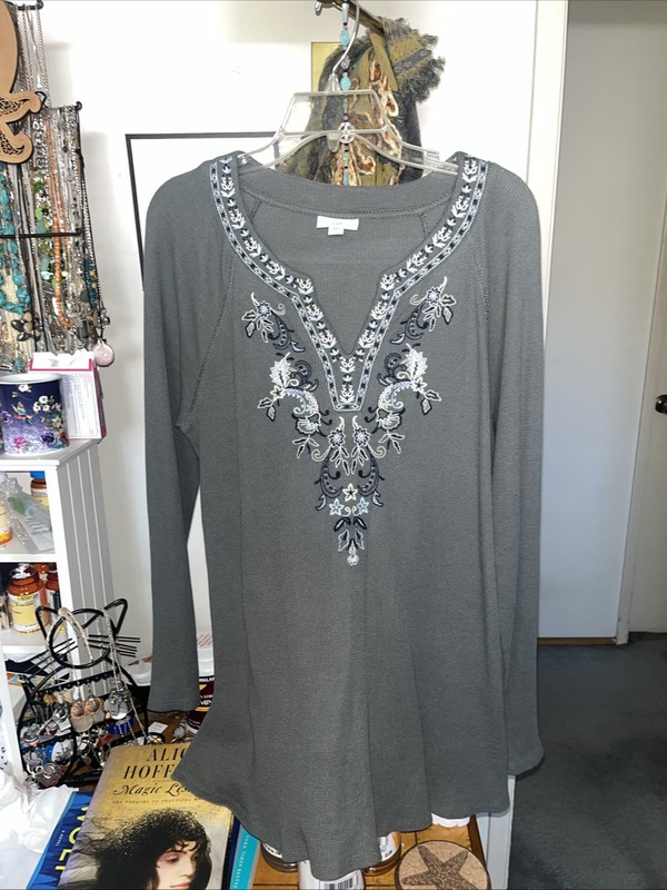 J. Jill Embroidered Knit Thermal Top Women’s Size XL Cotton Modal Blend Boho