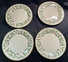 4 Lenox Holiday 10  3/4” Dinner Plates Holly Berry Gold Trim US Made Mint Cond.