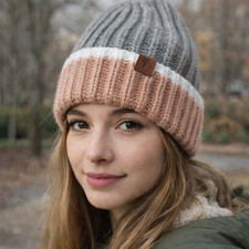 Frye Knitted Beanie Hat Colorblock Dusty Pink Grey White 66-68 NEW NEW