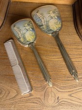 Antique Art Deco Vanity Set-Hand Mirror, Hair Brush Comb-Courting Couple 1930s