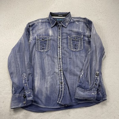 Roar Shirt Mens XL Blue Embroidered Faded Distress Signature Cotton Button Y2K
