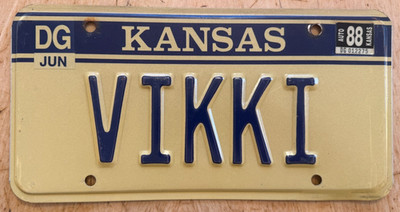 1988 KANSAS VANITY LICENSE PLATE '' VIKKY ''  KS VICKY VICTORIA
