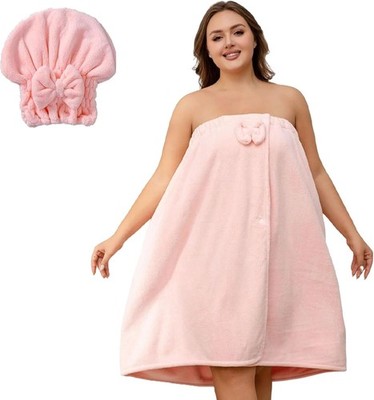 Plus-Size Adjustable Bath Skirt & Quick-Dry Cap Set, Soft Coral Fleece, Pink