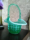 Fenton Waffle Window Pane Flower Basket Vase Green Opalescent Uranium GLOWS