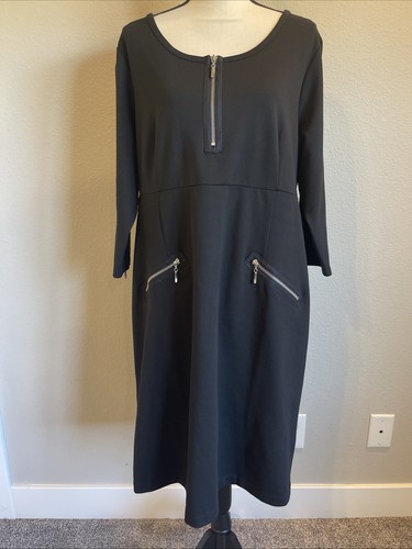 Avenue Women’s Plus Size 18/20 NWT Black Pencil Dress 3/4 Sleeve Zipper Accents - Picture 1 of 9