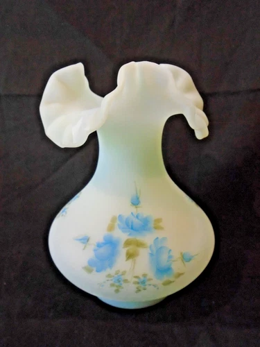 Fenton Blue Custard Roses Hand Painted Ruffled Vase
