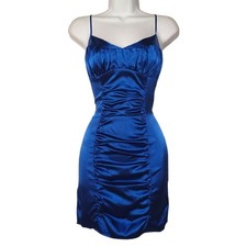 G BY GUESS Royal Blue Satin Like Ruching Sleeveless Bodycon Mini Dress Small
