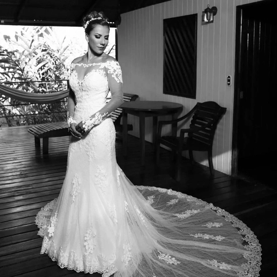 Königes Fit Flare Crepe Meerjungfrau Spitze Brautkleid Hochzeitskleid Langarm - Bild 4 von 4