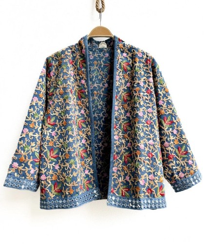 NWT Denim Embroidered Multicolor Floral Embellished Kimono Style Jacket Cotton