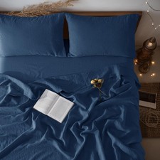 Linen Sheet Set Twin XL Deep Pocket 100 Pure Breathable Navy Blue LBRO2M Sheets