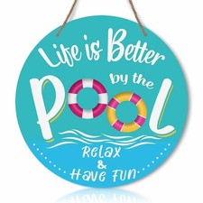 Life Is Better By The Pool Relax Have Fun Round Rustic Wood Sign Plaque Vinta...
