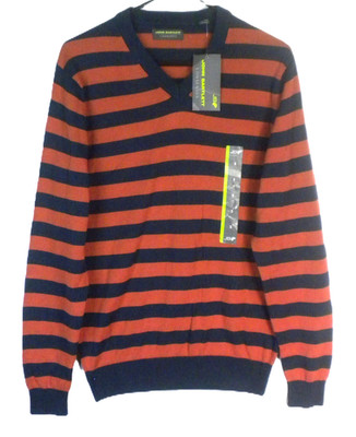 John Bartlett Consensus Men's Mesaclay Blue~Rust Striped Pullover Sweater Size S